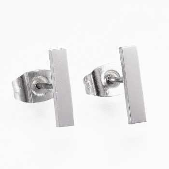 304 Stainless Steel Stud Earrings, Rectangle, Stainless Steel Color, 10x2x1mm, Pin: 0.8mm