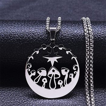 304 Stainless Steel Pendant Necklaces, Moon Phase & Star & Mushroom, Stainless Steel Color, 19.29 inch(49cm)