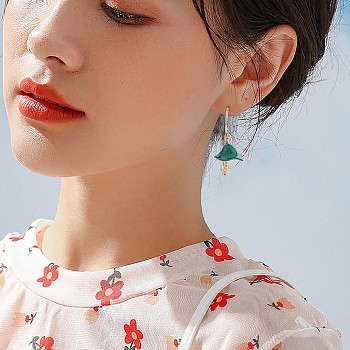 Enamel Mushroom Dangle Stud Earrings, Gold Plated Alloy  Half Hoop Earrings for Women, Green, 47x24.5mm, Pin: 0.7mm