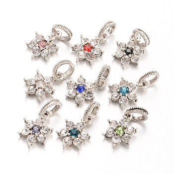 Large Hole Alloy Rhinestone European Dangle Charms, Flower, Antique Silver, Mixed Color, 23mm, Hole: 6mm
