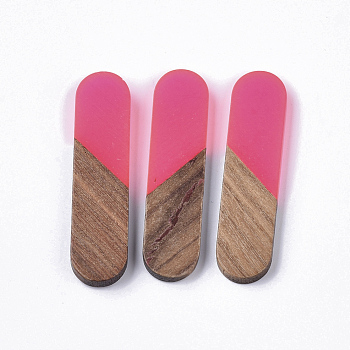 Transparent Resin & Walnut Wood Cabochons, Oval, Deep Pink, 45x11x3~4mm