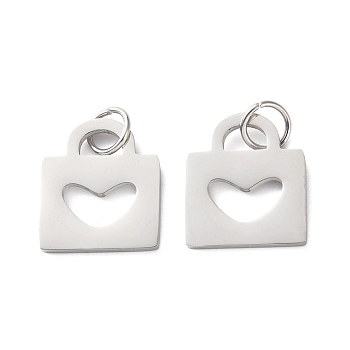 304 Stainless Steel Pendants, Cut-Out Lock with Heart Charms, Stainless Steel Color, 16x14x1.4mm, Hole: 4mm