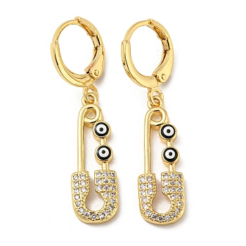 Real 18K Gold Plated Brass Dangle Leverback Earrings, with Enamel and Cubic Zirconia, Safety Pin with Evil Eye, Black, 36.5x8mm