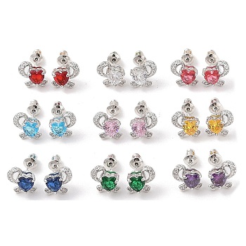 Rack Plating Brass Micro Pave Cubic Zirconia Stud Earrings, Long-lasting Plated, Flower, Platinum, Mixed Color, 10x10.5mm