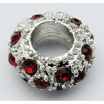 Alloy Rhinestone European Beads, Large Hole Beads, Rondelle, Platinum Metal Color, Siam, 11x6mm, Hole: 5mm