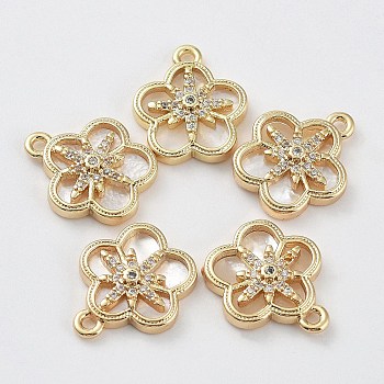 Brass Cubic Zirconia Pendants, with Shell, Flower, Real 18K Gold Plated, 16x14x3mm, Hole: 1.4mm