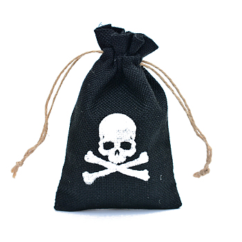 Halloween Burlap Packing Pouches, Drawstring Bags, Rectangle with Skull Pattern, Black, 15x10cm