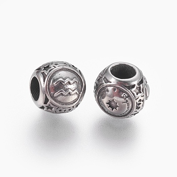 316 Surgical Stainless Steel European Beads, Large Hole Beads, Rondelle, Aquarius, Antique Silver, 10x9mm, Hole: 4mm