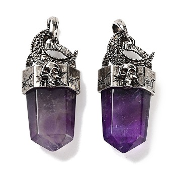 Natural Amethyst Faceted Sword Pendants, Rack Plating Antique Silver Plated Alloy Moon Charms, Cadmium Free & Lead Free, 47.5~48x21.5x13.5mm, Hole: 7x6.5mm