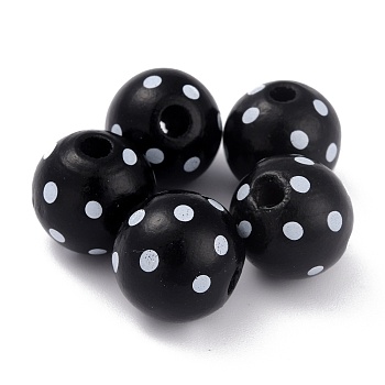 Dyed Natural Wooden Beads, Macrame Beads Large Hole, Round with Polka Dot, Black, 16x15mm, Hole: 4mm