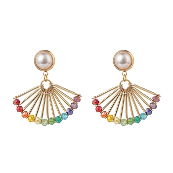 Fan Shape Glass Beads Dangle Stud Earrings for Girl Women, ABS Plastic Pearl Beads Earrings, Golden, Colorful, 42mm, Pin: 0.7mm