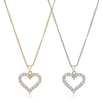 2Pcs 2 Colors Rhinestone Hollow Heart Pendant Necklace with Brass Chains for Women, Platinum & Golden, 20.63 inch(52.4cm), 1Pc/color