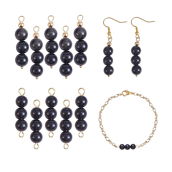 10Pcs Triple Natural Obsidian Round Beaded Connector Charms, with Golden 304 Stainless Steel Ball Head Pins & Iron Eye Pin & Brass Beads, 30.2~30.3x8mm, Hole: 2mm