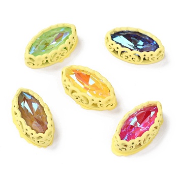 Sew on Rhinestone, Mocha Fluorescent Style,  Glass Rhinestone, with Brass Findings, Garments Accessories, Horse Eye, Mixed Color, Yellow, 17.5x9.5x5.5mm, Hole: 0.8mm