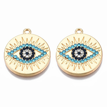 Rack Plating Alloy Pendants, with Aquamarine Rhinestone, Cadmium Free & Nickel Free & Lead Free, Flat Round with Evil Eye Charms, Light Gold, 25x22x2.5mm, Hole: 1.6mm