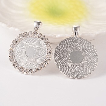 Flat Round Alloy Rhinestone Pendant Cabochon Settings, Cadmium Free & Lead Free, Silver Color Plated, Crystal, Tray: 25mm, 43x34x3mm, Hole: 4x7mm, 38pcs/bag