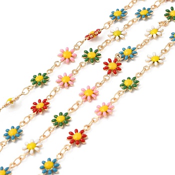 Daisy Brass Enamel Link Chains, Soldered, Colorful, 13x7.5x2.5mm, 4x2.5x0.5mm