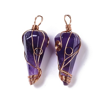 Natural Amethyst Copper Wire Wrapped Big Pendants, Faceted Cone Charms, Rose Gold, 50~50.5x16.5x18~19mm, Hole: 8x3.5~4mm
