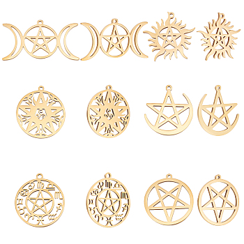 12Pcs 6 Style Ion Plating(IP) 304 Stainless Steel Pendant,  Hollow Charms, Flat Round with Star & Sun with Star & Ring with Star, Real 18K Gold Plated, 19~28x25~35x1.5~2mm, Hole:  1.2~2mm, 2pcs/style