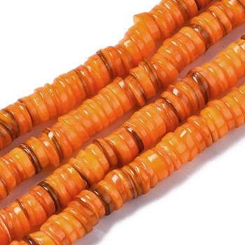 Natural Freshwater Shell Beads Strands, Dyed, Flat Round/Disc, Heishi Beads, Dark Orange, 5~6x1~2mm, Hole: 1mm, about 205~215pcs/strand, 15.35 inch(39cm)