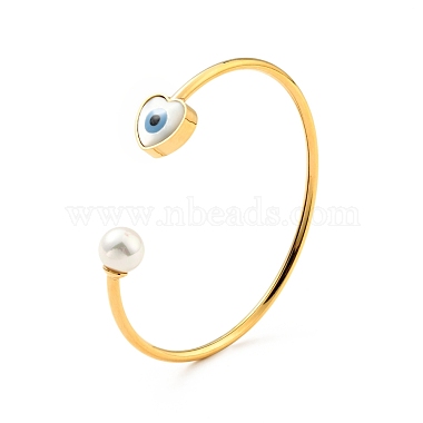 Shell Pearl & Heart with Evil Eye Open Cuff Bangle(BJEW-G647-03G)-3