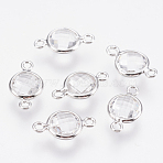 Glass Links connectors, with Brass Findings, Faceted Flat Round, Nickel Free, Real Platinum Plated, Clear, 12x7x3mm, Hole: 1.2mm(KK-Q752-007P-06)