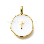 Brass with Enamel Pendants, Lead Free & Cadmium Free, Real 18K Gold Plated, Rack Plating, Flat Round, Cross, 18.5x13.5x2mm, Hole: 3.5mm(KK-D295-31G-02)