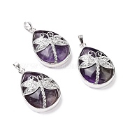 Natural Amethyst Pendants, with Platinum Tone Brass Findings, Lead Free & Cadmium Free, Teardrop with Dragonfly Charms, 40~40.5x26~26.5x9~9.5mm, Hole: 5x7mm(G-G900-01P-06)
