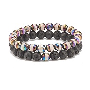 2Pcs 2 Style Natural Lava Rock & Agate Round Beaded Stretch Bracelets Set, Essential Oil Gemstone Jewelry for Women, Inner Diameter: 2-1/8 inch(5.25cm), 1Pc/style(BJEW-JB08318)