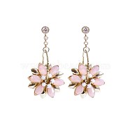 Flower Shape Brass Glass Imitation Rose Quartz Dangle Earrings, with 925 Needle, Platinum & Silver, 39mm, Pin: 0.5mm(EJEW-BB65719-A)