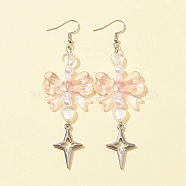Bowknot & Heart Acrylic Dangle Earrings for Women, Star 304 Stainless Steel Drop Earrings for Women, Pink, 94mm, Pin: 0.6mm(EJEW-FZ00002)