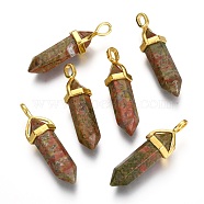 Natural Unakite Double Terminated Pointed Pendants, with Random Alloy Pendant Hexagon Bead Cap Bails, Golden, Bullet, 37~40x12.5x10mm, Hole: 3x4.5mm(X-G-G902-B17)