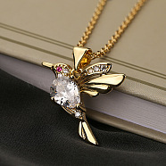 Brass Pave Cubic Zirconia Little Bird Pendant Necklaces, Golden, Clear, 17.72 inch(45cm)(FS-WG89328-03)