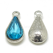 Alloy Glass Pendants, Faceted, teardrop, Platinum, Deep Sky Blue, 18x10x5mm, Hole: 2mm(PALLOY-T029-8x13mm-12)