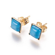 Golden Tone 304 Stainless Steel Stud Earrings, with Plastic Imitation Turquoise, Square, Blue, 6.5x6.5x2.5mm, Pin: 0.7mm(EJEW-L222-01G)