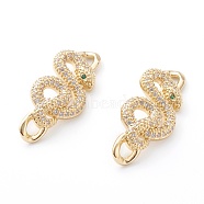 Brass Micro Pave Clear & Green Cubic Zirconia Links Connectors, Long-Lasting Plated, Snake, Real 18K Gold Plated, 32x13.5x4mm, Hole: 3mm(ZIRC-Z014-01G)