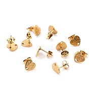 Ion Plating(IP) 304 Stainless Steel Stud Earring Findings, with Ear Nuts, Textured Heart, Real 18K Gold Plated, 12x9mm, Hole: 1.4mm, Pin: 0.7mm(STAS-I183-06A-G)