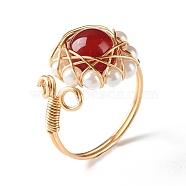 Natural Red Agate Finger Ring for Girl Women, Round Shell Pearl Beads Ring, Brass Wire Wrap Ring, Golden, US Size 7 3/4(17.9mm)(X1-RJEW-TA00012-2)