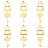 304 Stainless Steel Charms, Laser Cut, Polishing, Key and Lock, Golden, 17~20x13mm, Hole: 1mm, 12pcs/box(STAS-UN0012-03G)