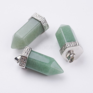 Natural Green Aventurine Pointed Pendants, with Brass Finding, Bullet, Platinum, 39x18mm, Hole: 4.5x5.5mm(G-E442-03F)