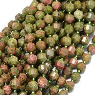 Natural Unakite Beads Strands, with Seed Beads, Faceted, Bicone, Double Terminated Point Prism Beads, 9~10.5x8~10mm, Hole: 0.8mm, about 31pcs/strand, 15.16 inch(38.5cm)(G-O201B-89)