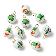 10Pcs Saint Patrick's Day Printed Wood Pendants, Golden Tone Copper Wire Wrapped Round Charms, Green, 24~24.5x15~16.5mm, Hole: 4~4.5mm(FIND-FS0001-89)