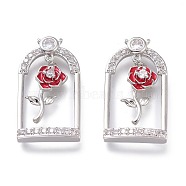 Valentine's Day Theme Brass Micro Pave Clear Cubic Zirconia Pendants, with Red Enamel, Long-Lasting Plated, Cage with Rose, Platinum, 25.5x14x4mm, Hole: 0.8mm(KK-P190-03P)