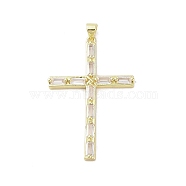 Real 18K Gold Plated Brass with Glass Pendants, Cross, Clear, 46x29x3mm, Hole: 3.5x4.3mm(KK-A209-05E-G)