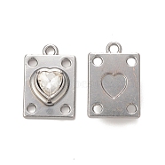 Rack Plating Alloy Glass Pendants, Platinum, Rectangle with Heart Charms, Clear, 19.5x12.5x5mm, Hole: 1.8mm(PALLOY-P291-06B-04)
