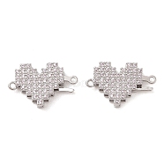 Brass Micro Pave Clear Cubic Zirconia Hook and S-Hook Clasps, Heart, Real Platinum Plated, 17.5mm, Hole: 1.1mm(KK-S388-05P-02)