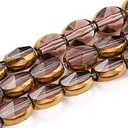 Electroplate Transparent Glass Beads Strands, with Golden Plated Edge, Faceted Oval, Rosy Brown, 8~9x6.5x5mm, Hole: 1.2mm, about 37pcs/strand, 23.78 inch(60.4cm)(EGLA-G037-03A-HP05)