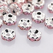 Brass Rhinestone Spacer Beads, Grade AAA, Wavy Edge, Nickel Free, Silver Color Plated, Rondelle, Light Rose, 6x3mm, Hole: 1mm(RB-A014-L6mm-27S-NF)