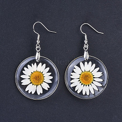 Alloy Resin Dried Flower Dangle Earrings, with Platinum Tone Brass Earring Hooks, Clear, 57mm, Pin: 0.7mm (EJEW-JE03142)