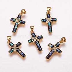 Brass Micro Pave Cubic Zirconia Pendants, with Paua Shell/Abalone Shell, Cross, Golden, 21.5x14x2mm, Hole: 3.5x4.5mm(ZIRC-F057-02A)